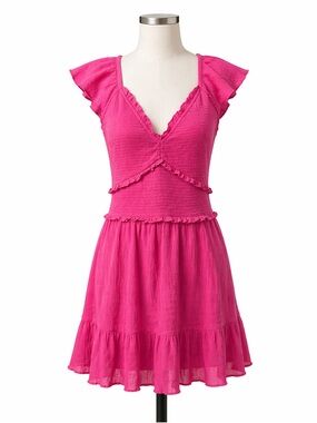 LoveShackFancy Ivella Smocked Flutter Sleeve Mini Dress Cotton Pink Large NWT